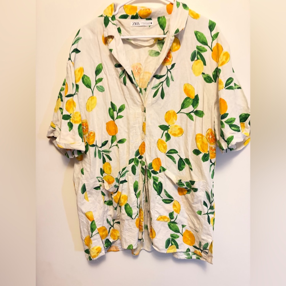 Zara Over-Sized faux linen Citrus Print Shirt with Green Leaves size M